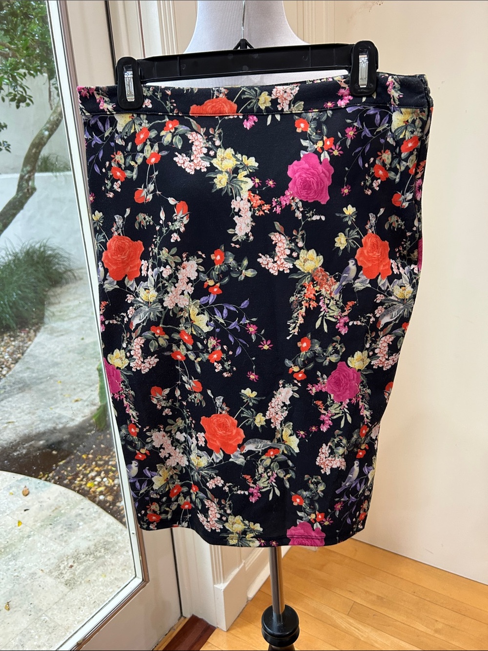 Floral Pencil Skirt - Black with Pink & Red Blooms